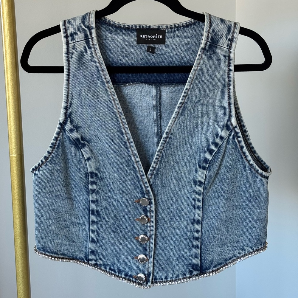 Retrofete Denim Women's Vest. Crystal embellishments all throughout the bottom.
